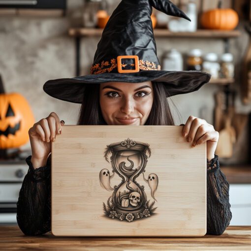 Halloween Laser Engraving File, Skull Hourglass Charcuterie Board