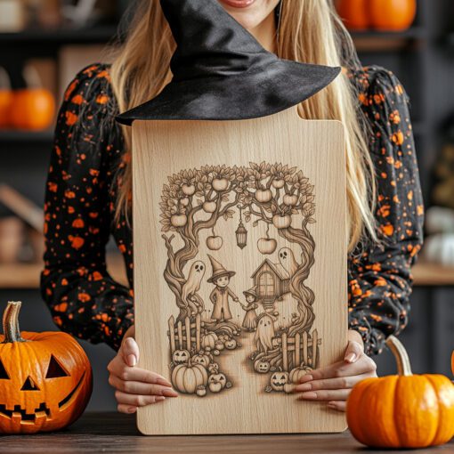 Archivo láser de Halloween Tabla de embutidos, Diseño retorcido de huerto de manzanas acarameladas. - Imagen 3
