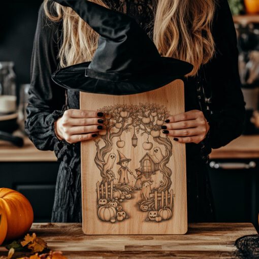 Archivo láser de Halloween Tabla de embutidos, Diseño retorcido de huerto de manzanas acarameladas. - Imagen 4