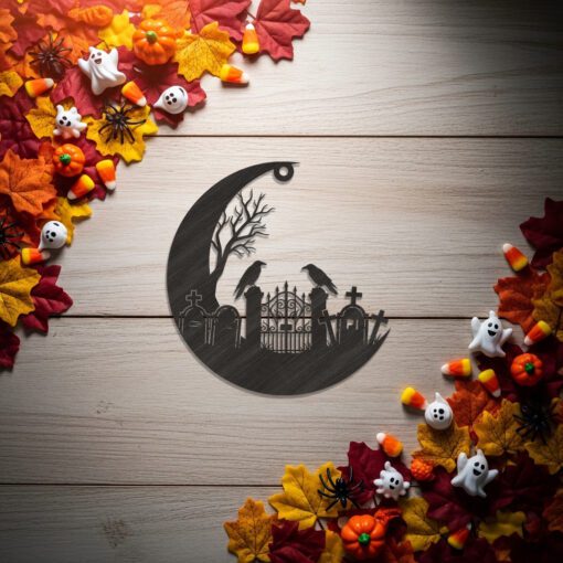 Halloween Ornament Moon Cemetery Scene, Spooky Laser File,