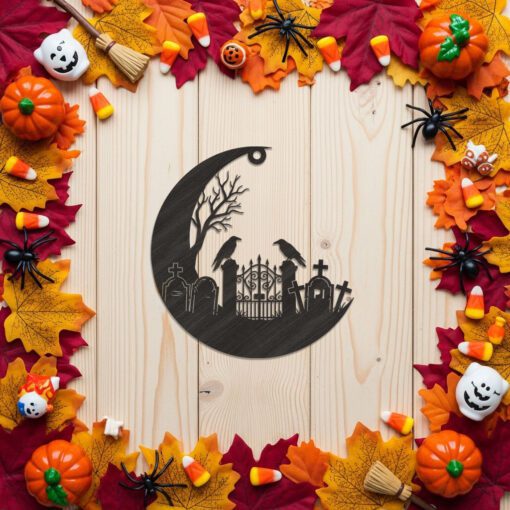 Halloween Ornament Moon Cemetery Scene, Spooky Laser File,