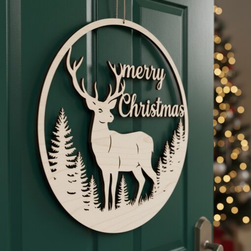 Merry Christmas Deer Door Sign, Festive Front Door