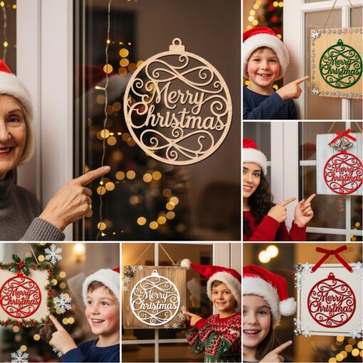 Paquete de colgantes redondos para puerta navideña, archivos láser navideños para letreros Glowforge. - Imagen 2