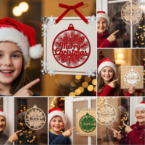 Paquete de colgantes redondos para puerta navideña, archivos láser navideños para letreros Glowforge. - Imagen 6