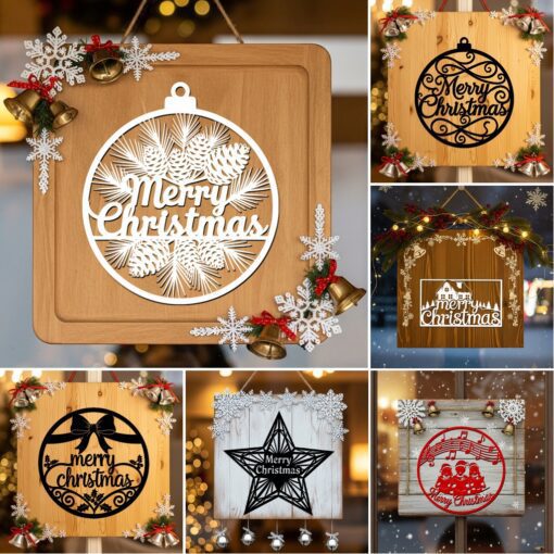 Round Christmas Door Hanger Bundle, Holiday Laser Files