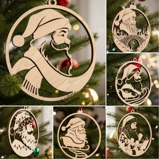Santa Christmas Ornament Bundle, Laser Design Set, 6