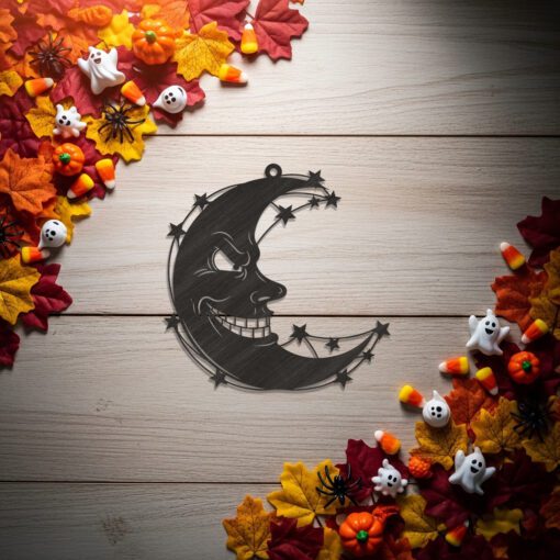 Spooky Crescent Moon Ornament, Evil Face Halloween Decor,
