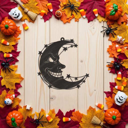 Spooky Crescent Moon Ornament, Evil Face Halloween Decor,