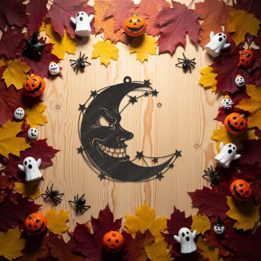 Spooky Crescent Moon Ornament, Evil Face Halloween Decor,
