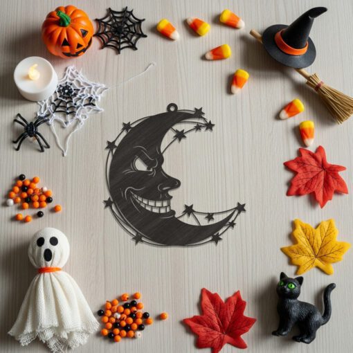 Spooky Crescent Moon Ornament, Evil Face Halloween Decor,