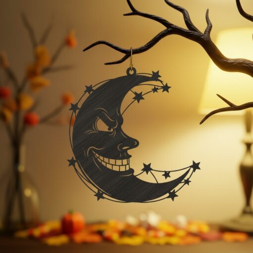 Spooky Crescent Moon Ornament, Evil Face Halloween Decor,