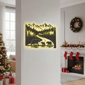 Bear Monogram, Christmas, Mountain Scene Wall Art Metal