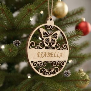 Christmas Butterfly Ornament, Personalized Laser Design, Festive Xmas
