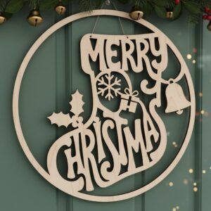 Christmas Door Hanger Holiday Stocking Sign, Festive Front Door Decoration