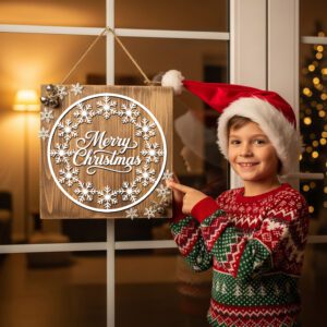 Christmas Door Hanger, Merry Snowflake Circle Sign, Round