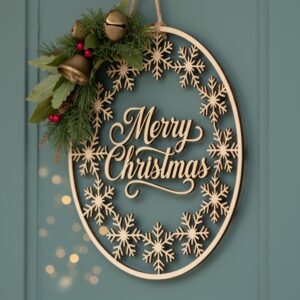 Christmas Door Hanger, Merry Snowflake Circle Sign, Round