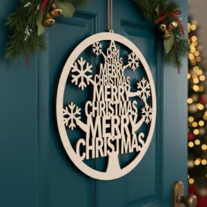 Christmas Door Hanger, Round Laser Art, Holiday Tree Decor, Porch Sign Download