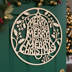 Christmas Door Hanger Round Sign, Laser File with Bell and Holly Design