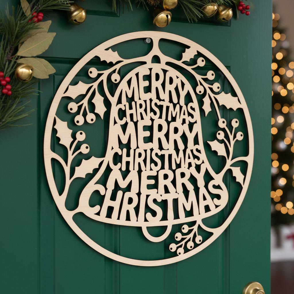 Christmas Door Hanger Round Sign, Laser File with Bell and Holly Design