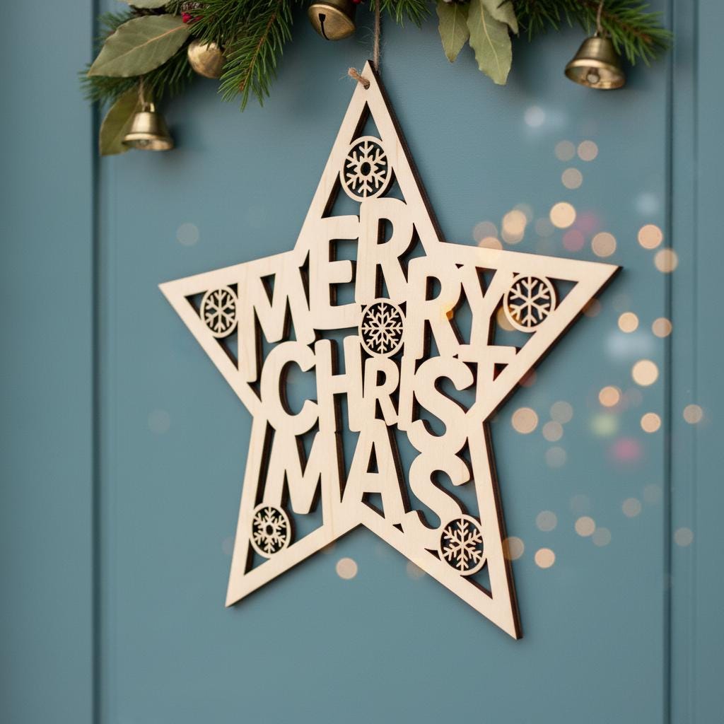 Christmas Door Sign, Merry Christmas Star Door Hanger, Laser File Download