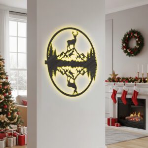 Christmas Laser Deer Mountain Sign, Monogram Wall Art,