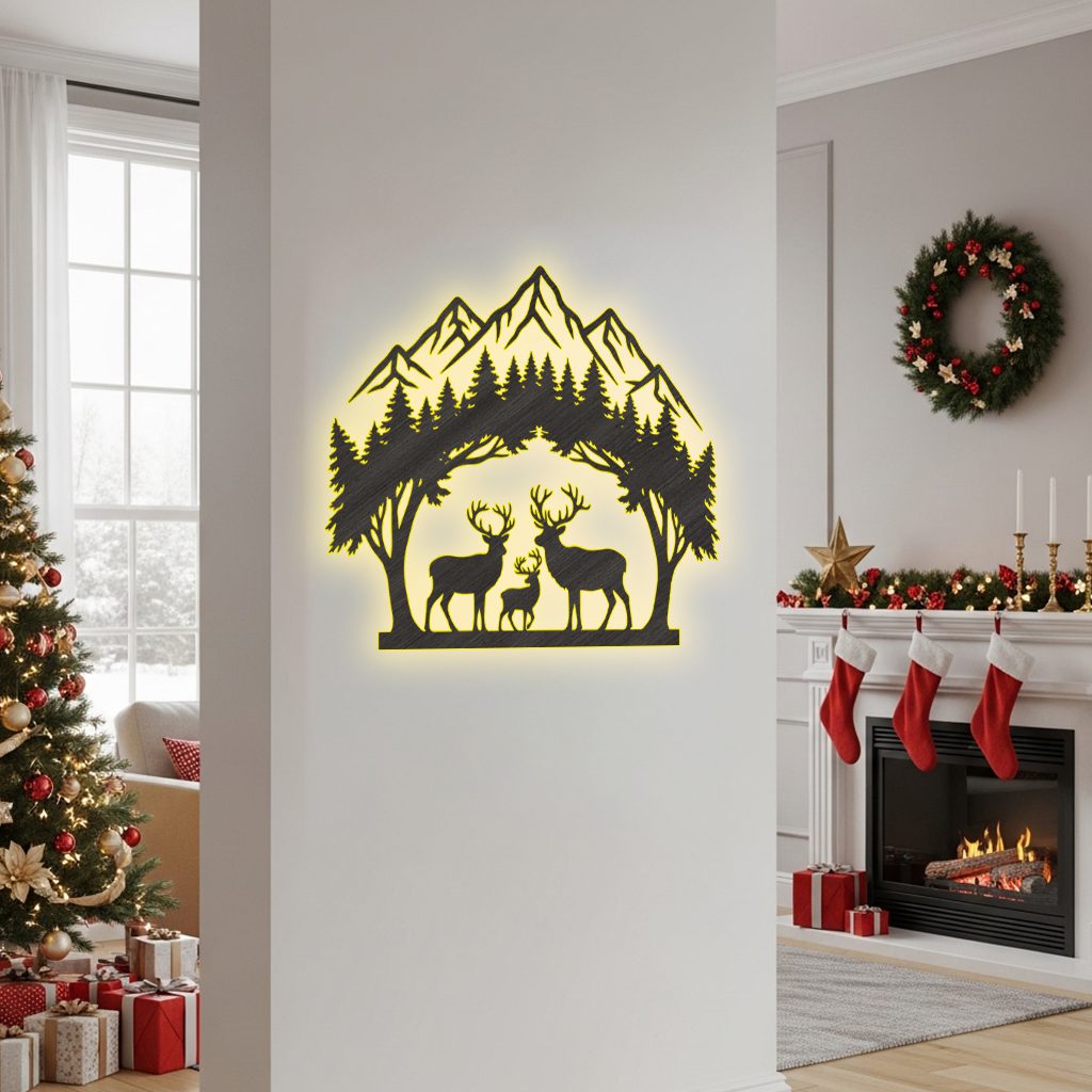 Christmas Laser Metal Sign, Deer Mountain Forest Silhouette