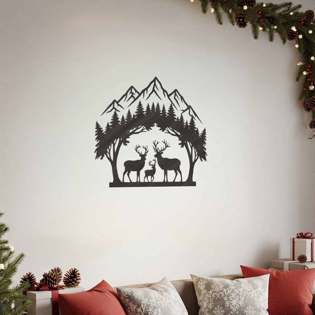 Christmas Laser Metal Sign, Deer Mountain Forest Silhouette