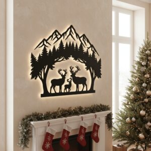 Christmas Laser Metal Sign, Deer Mountain Forest Silhouette