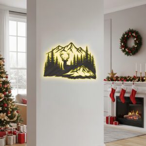 Christmas Laser Monogram Metal Sign, Deer and Mountain