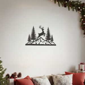Christmas Monogram Deer Metal Sign, Mountain Scene, Holiday