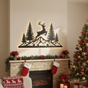 Christmas Monogram Deer Metal Sign, Mountain Scene, Holiday
