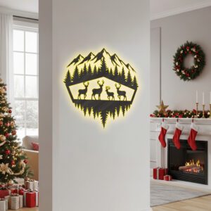 Christmas Monogram, Laser Designed Deer Forest Mountain Wall