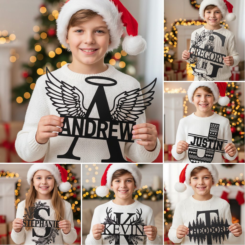 Christmas Monogram Metal Sign Set, 9 Personalized Names