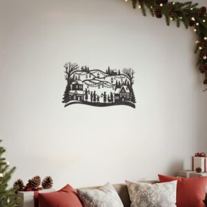 Christmas Monogram Winter Scene, Silhouette Wall Art, Metal