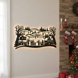 Christmas Monogram Winter Scene, Silhouette Wall Art, Metal