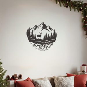 Christmas Wall Art, Monogram Deer, Mountains Trees, Roots