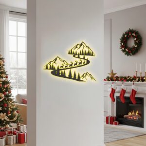 Christmas Wall Art Monogram Mountain Deer Scene, Laser