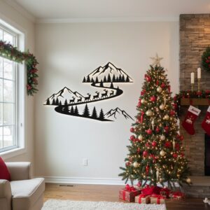 Christmas Wall Art Monogram Mountain Deer Scene, Laser