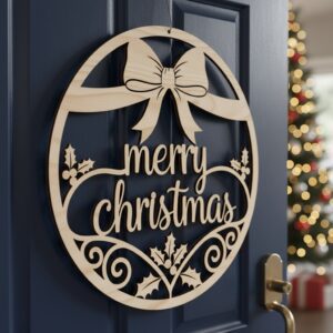 Christmas Wreath Door Hanger, Merry Holiday Round Front