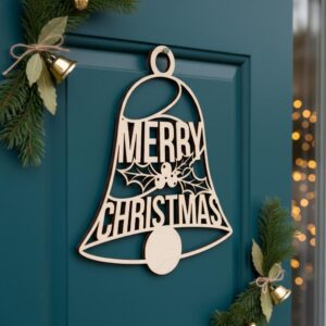 Festive Christmas Door Hanger, Laser Cut Bell Decoration, Holiday Door Sign
