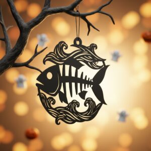 Fish Skeleton Halloween Ornament, Spooky Coastal Decor Digital