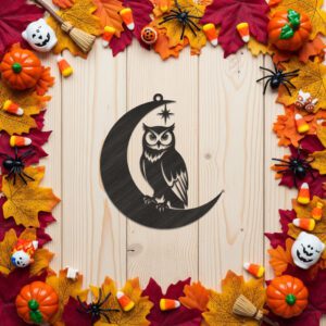 Halloween Owl Ornament, Spooky Crescent Moon, Digital Decor
