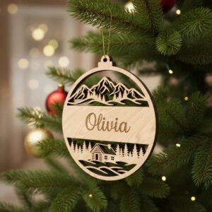 Laser Cut Mountain Scene Ornament, Personalized Christmas Holiday