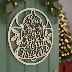 Merry Christmas Bell Door Hanger, Round Holiday Sign, Laser File for Decor