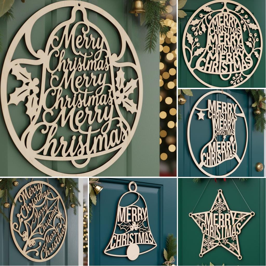 Merry Christmas Door Hanger Bundle, 6 Festive Laser Sign Designs