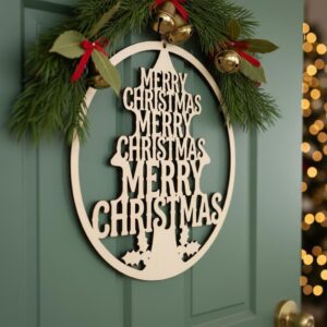 Merry Christmas Door Hanger Bundle, Round Holiday Sign, Laser Design File