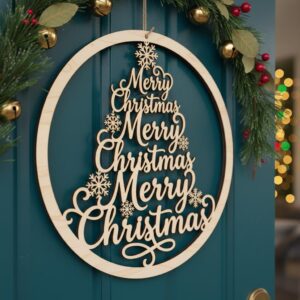 Merry Christmas Door Hanger Sign, Round Tree Welcome Template, Holiday Decor