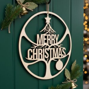 Merry Christmas Door Sign, Tree Door Hanger, Festive Laser File Download