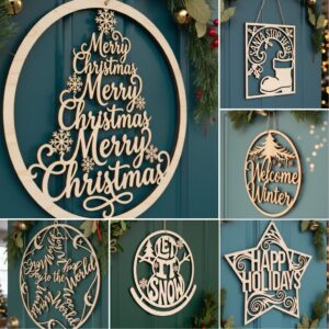 Round Christmas Door Hanger Sign Bundle, 6 Holiday Designs, Winter Porch Decor