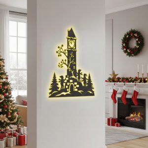 Xmas Laser etched, Monogram Clock Tower Wall Art,